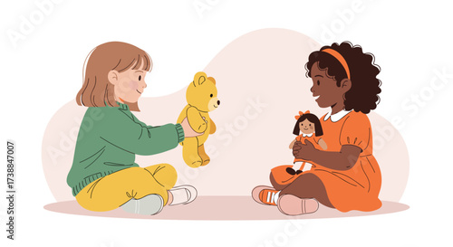 Two young children playing together with their favorite toys on the floor learning and growing.