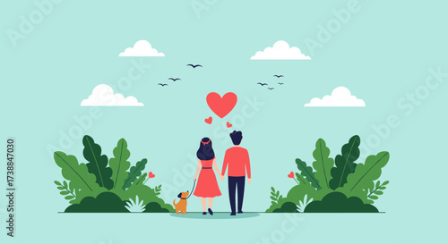 A loving couple holding hands walking together in a park with a dog surrounded by lush greenery.