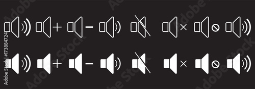 Volume and sound level icon set, speaker audio symbols, sound wave increasing, loudspeaker vector illustration, media control icons, sound adjustment graphics, black and white minimal design