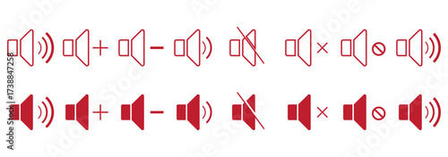 Volume and sound level icon set, speaker audio symbols, sound wave increasing, loudspeaker vector illustration, media control icons, sound adjustment graphics, black and white minimal design