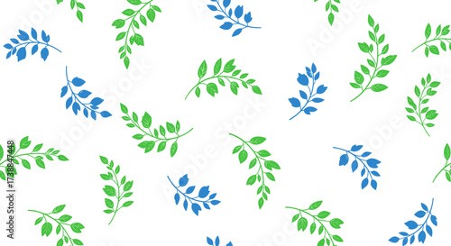 A simple and repeating pattern of small green and blue leaves scattered across a white background.