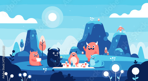 Cute monsters enjoying a playful picnic in a whimsical blue landscape.