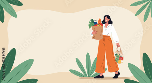 A person walks holding reusable bags filled with groceries and produce.