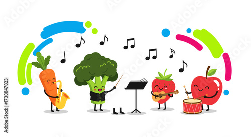 Cute cartoon fruits and vegetables playing musical instruments together happily.
