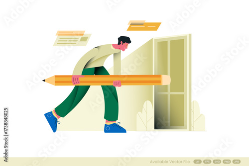 Man with giant pencil approaches doorway with papers floating above