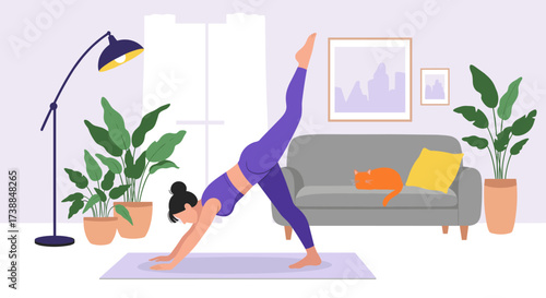 A person practices yoga in a cozy living room with plants and a cat on the couch.
