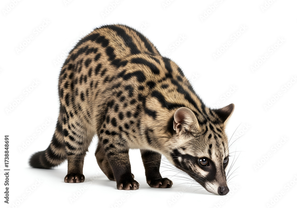 Fototapeta premium Isolated African Civet Sniffing, revealing a unique spotted pattern against white, highlighting the wild beauty of the civet in striking detail.