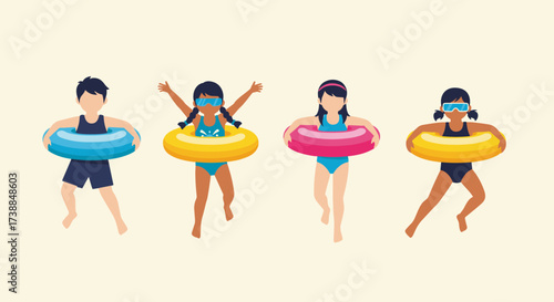 Children having fun swimming and playing in the water with inflatable tubes enjoying summer vacation.