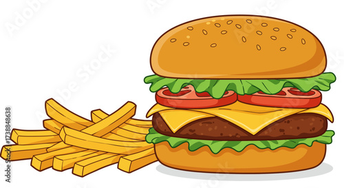 Delicious Cartoon Burger with Golden Fries A Mouthwatering Illustration
