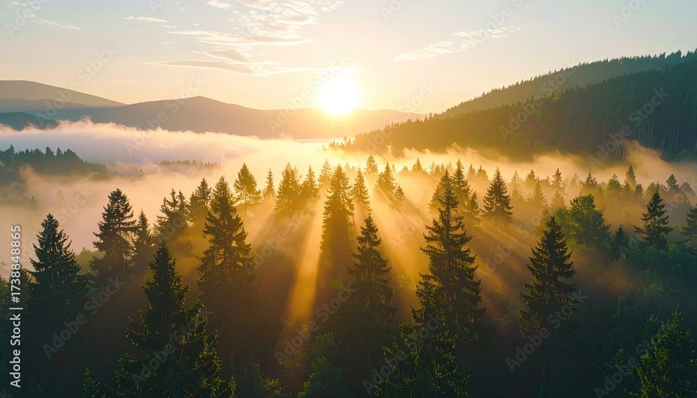 Fototapeta premium Pixelated Forest at Sunrise with Fog and Golden Sun Rays in a Misty Landscape