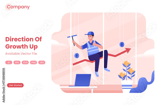 Man on upward trend line holding squeegee laptop and plant with coins