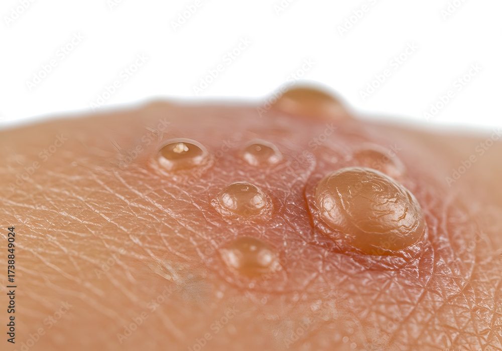 Fototapeta premium Close-up image of skin with blisters illustrating a skin condition, possibly burns or allergic reaction with fluid filled vesicles.