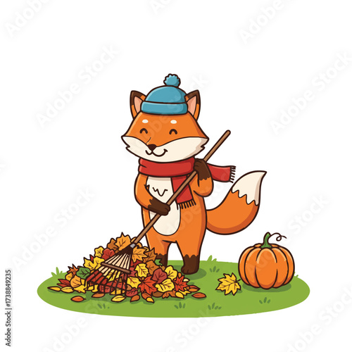 A cheerful 2D flat vector illustration shows a cute fox in a red scarf and blue winter hat, happily raking colorful autumn leaves with a small pumpkin in a park.