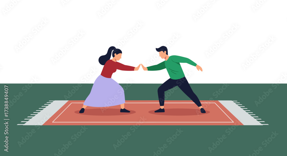 Obraz premium A man and woman are holding hands while dancing together on a rug.