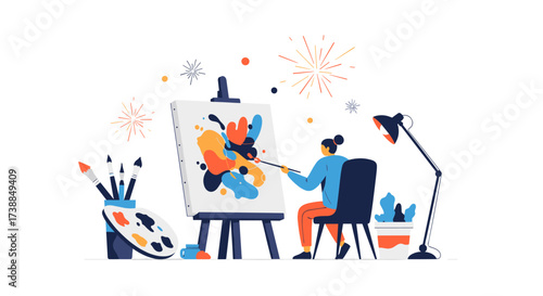 An artist diligently paints a vibrant abstract artwork on a large canvas while surrounded by art supplies and festive decorations.