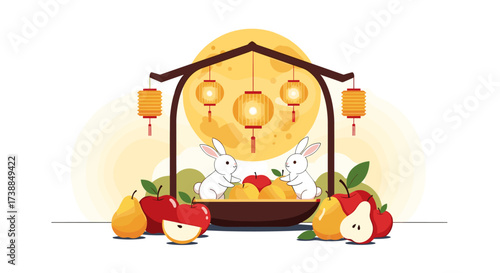 A festive scene depicts rabbits under a traditional moonlit pavilion surrounded by fruits and lanterns