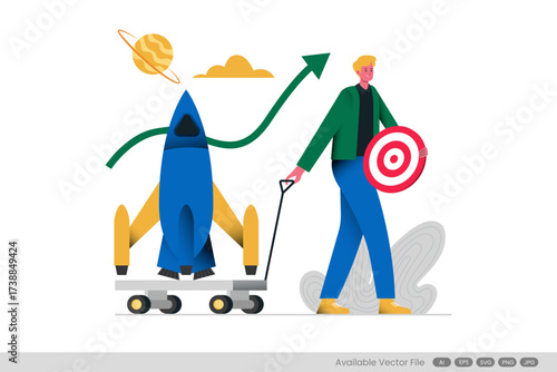 Man pulls rocket on cart holds target green arrow points up