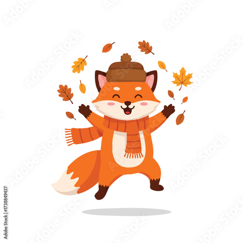 Playful fox in orange scarf and brown winter hat joyfully jumps, tossing autumn leaves with a mischievous expression, vibrant 2D flat vector illustration on white background.