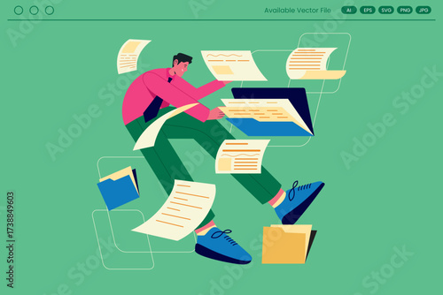 Man surrounded by floating documents and folders