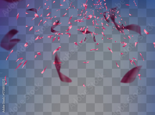 A festive party design element with pink confetti and streamers. Falling glittery pink confetti isolated on a transparent background.