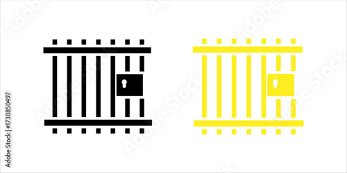  Prison or jail silhouette symbol. Metal cage with bars and lock. Crime justice or punishment icon. Vector black shape isolated on white background.
