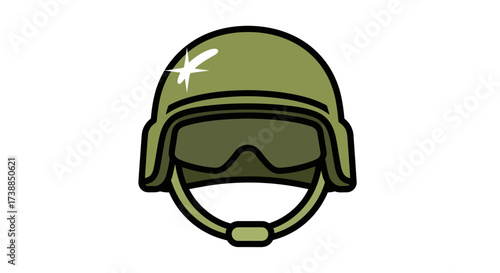 Cartoon illustration of a green military combat helmet with goggles.