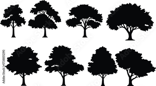 Collection of black tree silhouettes featuring natural shapes, forest elements, isolated vector illustrations, eco artwork, nature design resources, botanical graphic elements