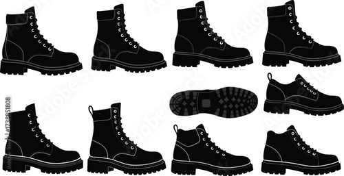 Collection of hiking boots silhouettes, outdoor trekking footwear vector, adventure shoes illustration, travel gear design, mountain climbing shoes graphic isolated style