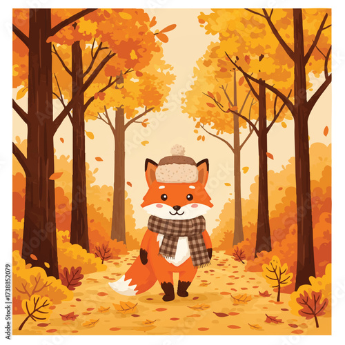 A cute fox, wearing a checkered scarf and fluffy winter hat, strolls serenely on an autumn forest path, surrounded by golden trees and fallen leaves, a flat 2D vector.