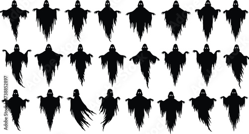 Collection of spooky ghost silhouettes for Halloween design, horror night decoration, scary spirit illustration, haunted creepy character, fantasy mystery figure.Collection of spooky ghost 