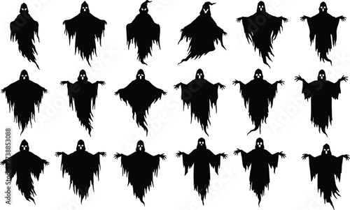 Collection of spooky ghost silhouettes for Halloween design, scary haunted spirit illustration, creepy phantom shadow, horror costume decoration, mystery figure.