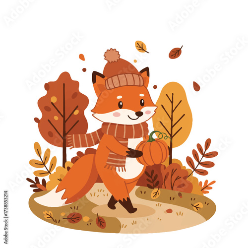 A sweet fox in a stylish scarf and snug winter hat walks along an autumn path, carrying a pumpkin amidst vibrant fall foliage in a charming 2D flat vector illustration.