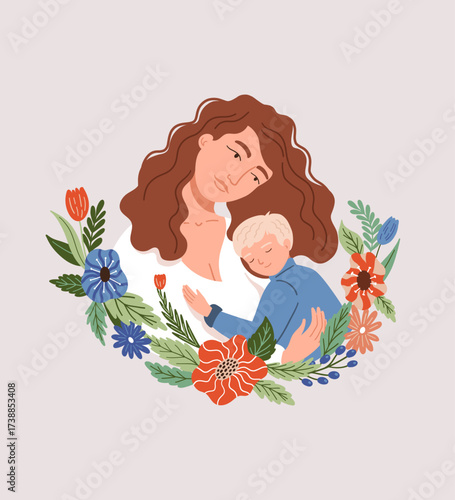 Mother embracing her sleeping son surrounded by flowers