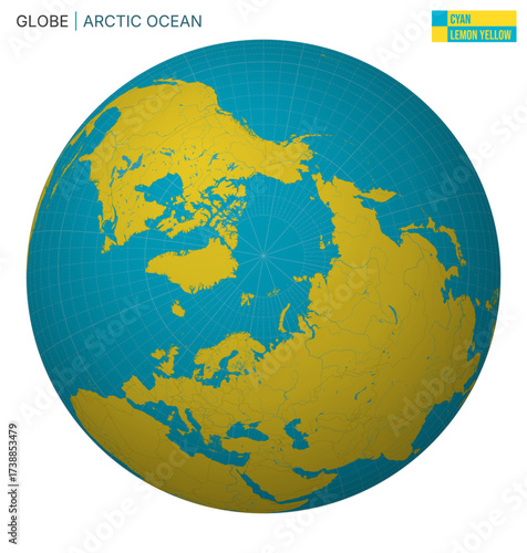 Vector Globe centered to Arctic Ocean. Cyan Lemon Yellow palette. World map with meridians, parallels, countries, rivers and lakes. Neat vector illustration.
