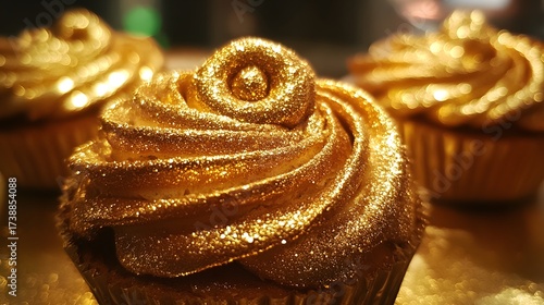 Glittering golden cupcakes with frosting swirls for an elegant, luxurious dessert concept