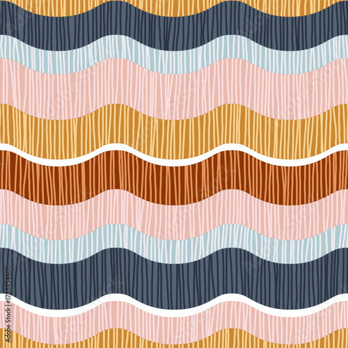 Abstract seamless pattern featuring horizontal wavy stripes in a soft, muted,...