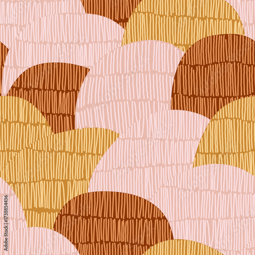 Abstract seamless pattern featuring overlapping, scalloped shapes in pink, re...