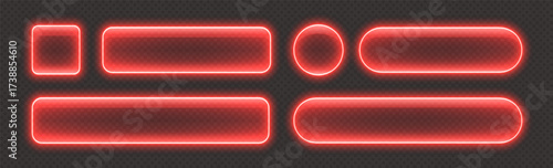 Glossy neon buttons, transparent banners made from glass, red glowing frames. Futuristic design element. Vector illustration.