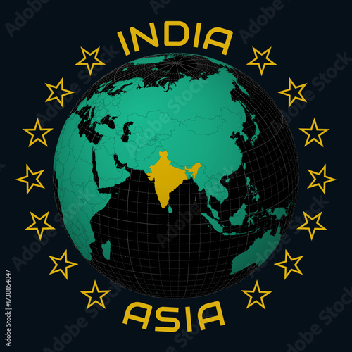 India on Globe. Round country and continent name text. Country view on world map in Black Emerald color palette. India shape on map. Classic vector illustration.