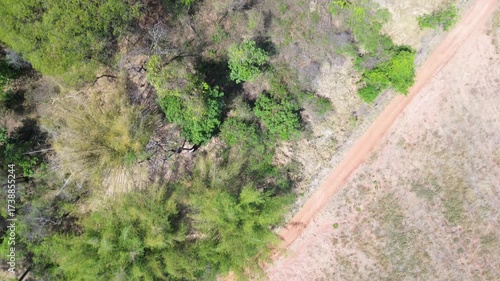 Drone view of rural farmland with native vegetation and preservation areas in São Paulo countryside, Brazil