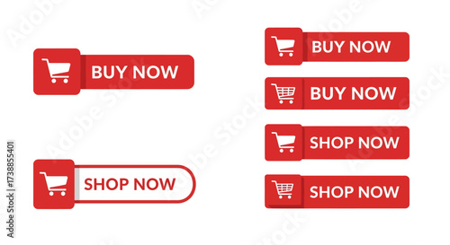 Collection of Red Buy Now and Shop Now Buttons for Ecommerce.