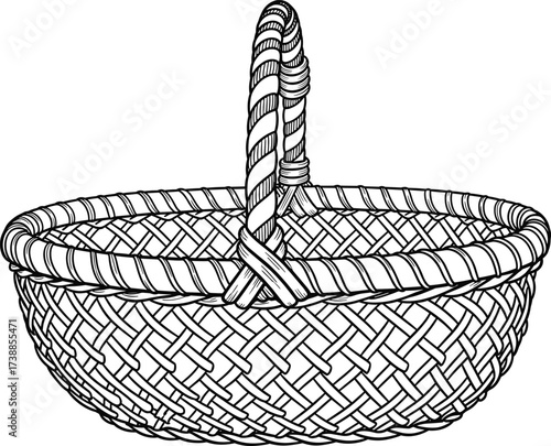 Woven basket line art, traditional handwoven container drawing, circular basket outline, detailed weaving pattern, cad drawing flat vector illustration