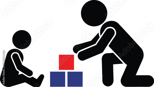 Parent and child playing with building blocks, family bonding silhouette vector, early childhood development, interactive playtime, parenting and kids illustration