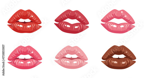 Collection of Six Glossy Lips in Various Shades of Red Pink and Brown.