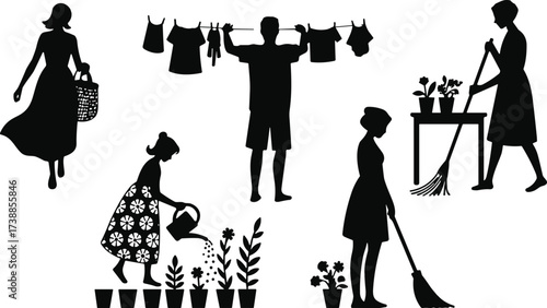 Silhouettes depicting various household chores and activities, including laundry, gardening, cleaning, and shopping, representing domestic life and responsibilities