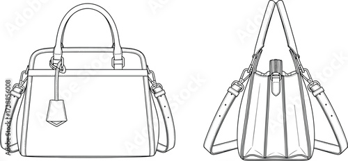 Handbag technical drawing, structured purse blueprint, leather bag design sketch, vector illustration, shoulder strap detail, sewing pattern, CAD drawing flat vector illustration