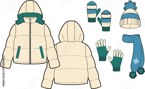 Technical flat drawing vector illustration of a children's winter fashion set, including puffer jacket, beanie, gloves and scarf, for design
