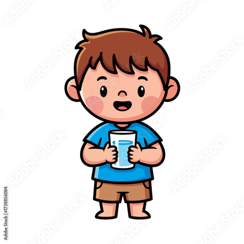 Adorable cartoon boy happily holding a refreshing glass of water, promoting healthy hydration and daily well-being for children.
