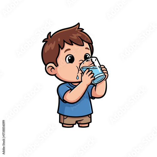 Cute cartoon boy enjoying a refreshing drink of water from a glass, highlighting the importance of hydration for children's health and well-being.