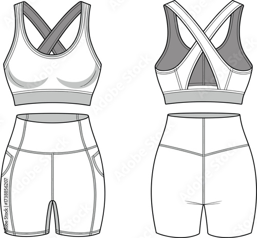 Technical flat sketch of a sports bra with criss-cross straps and high-waisted shorts, an activewear design vector illustration.